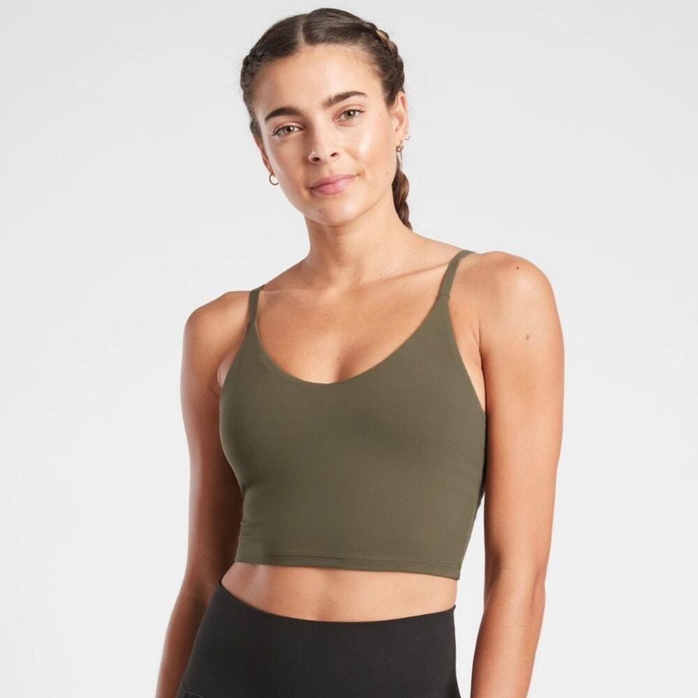 Athleta Ginseng Olive Green V-Neck Padded Crop Top Yoga Elation Bra A-C Cup
